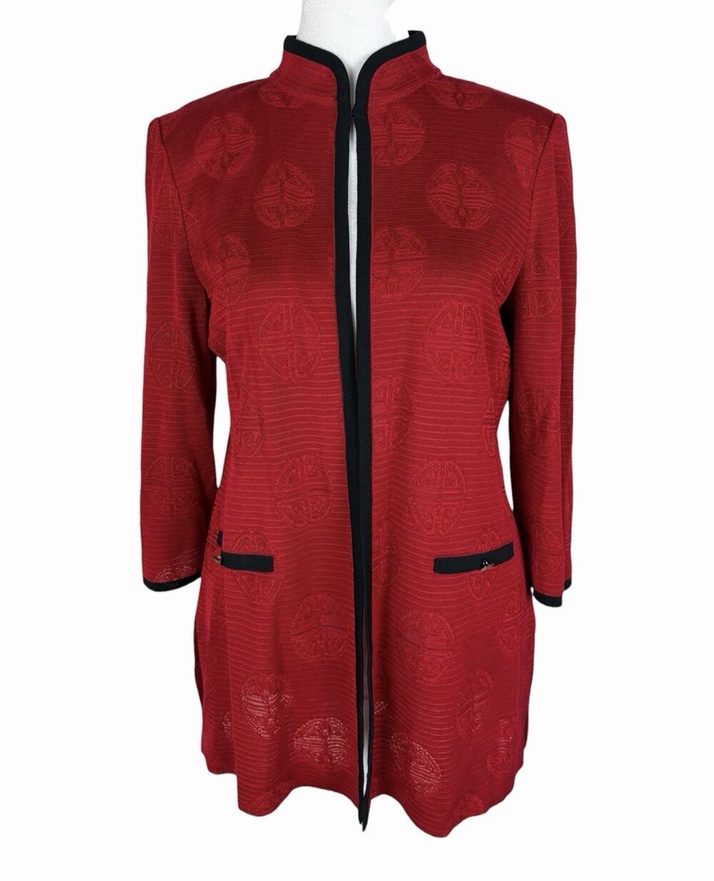 Ming Wang Red Black Asian Inspired Statement Long Jacket Mandarin Collar Size XS